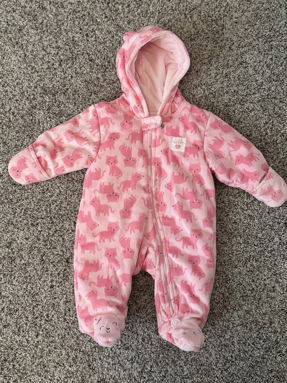 Carter’s Pink Cat Print Hooded Footie Baby 3M